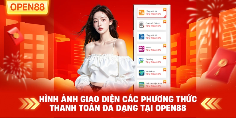 Hình ảnh giao diện các phương thức thanh toán đa dạng tại OPEN88.